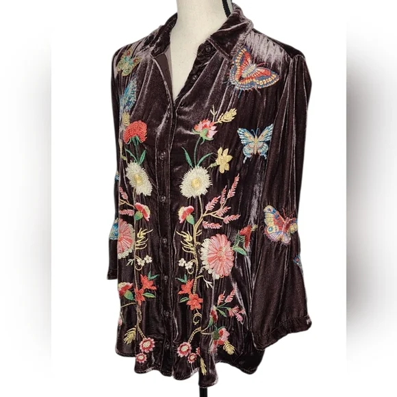 Johnny Was Velvet Kimono Sleeve Brown Luciana Butterfly Shirt Women's Size XS - Picture 5 of 12